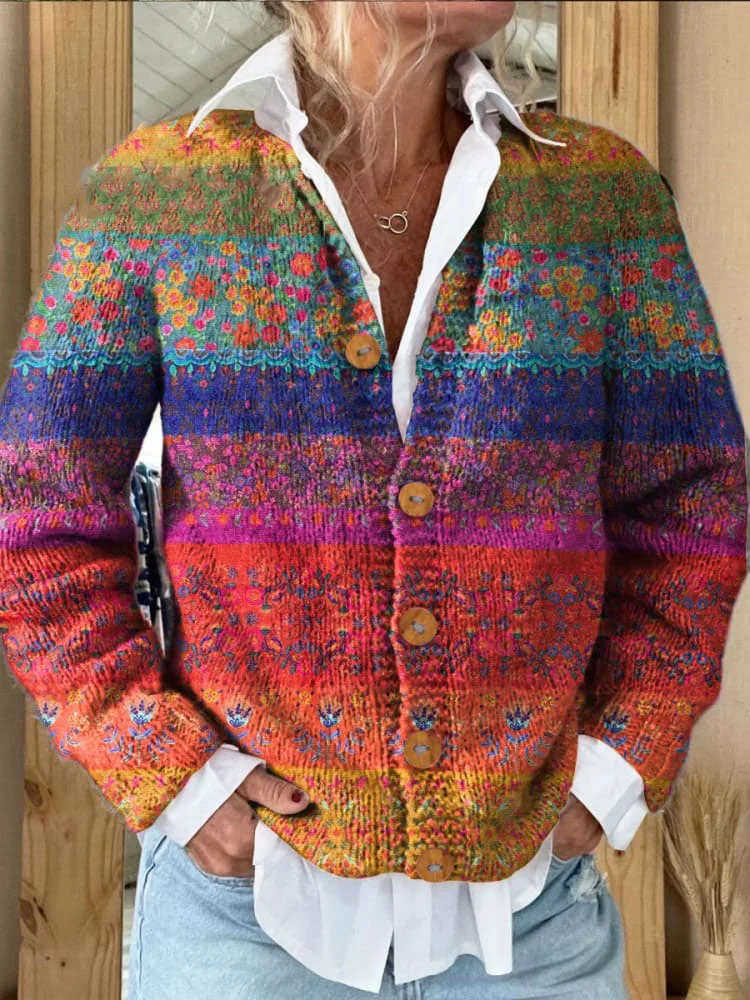 Colorful Stripes Floral Print Buttoned Cardigan Sweater