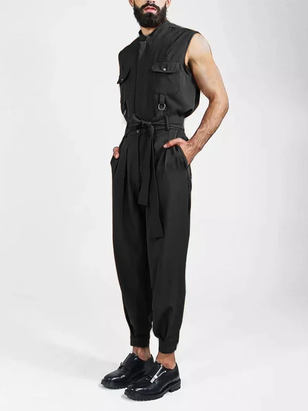 Aonga - Mens Tie Knot Multi-Pocket Sleeveless Overalls Jumpsuit J