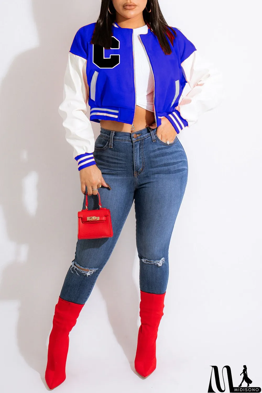 MidiSono - Blue Casual Print Patchwork Zipper Outerwear