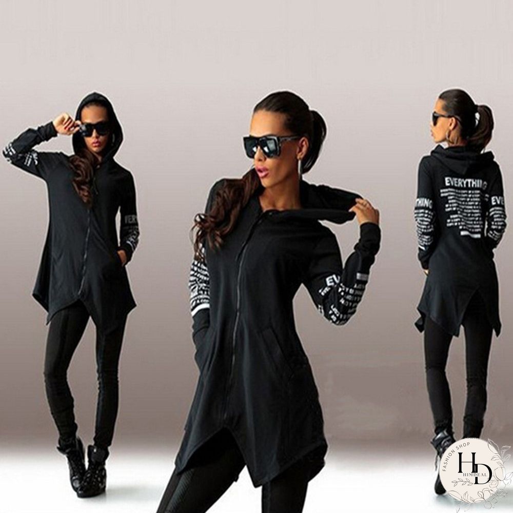 Women Fashion Letter Print Long Sleeve Hooded Coats Ladies V-neck Zipper Irregular Hem