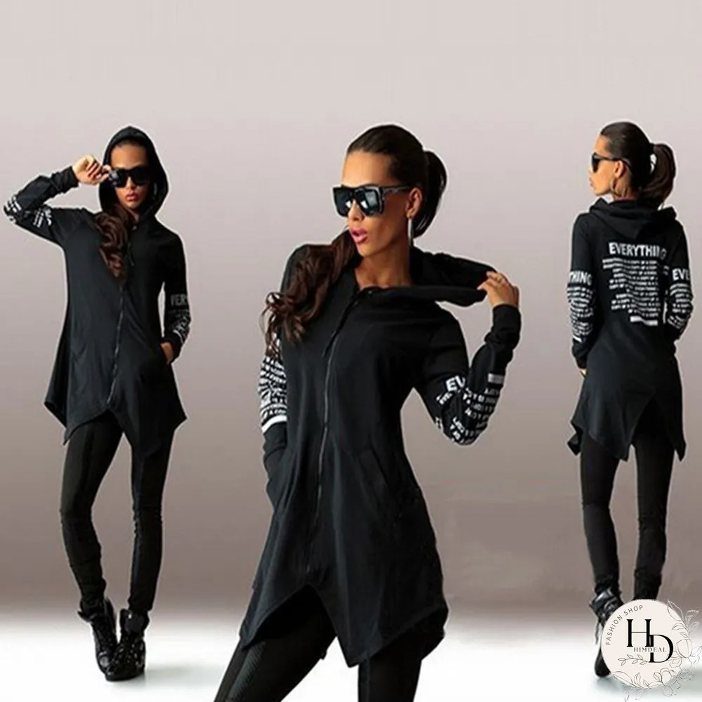 Women Fashion Letter Print Long Sleeve Hooded Coats Ladies V-neck Zipper Irregular Hem