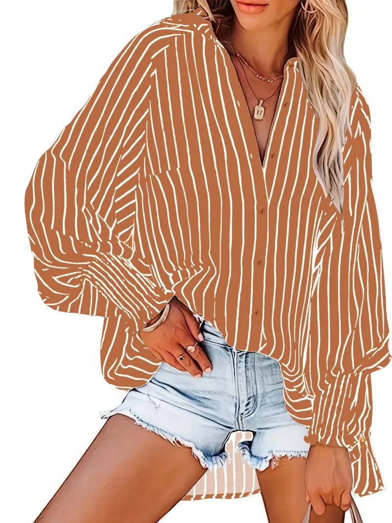 Plus Size 1XL-5XL Casual Blouse Women's Plus Striped Print Lantern Sleeve Button Up Lapel Collar Slight Stretch Tunic Shirt Top
