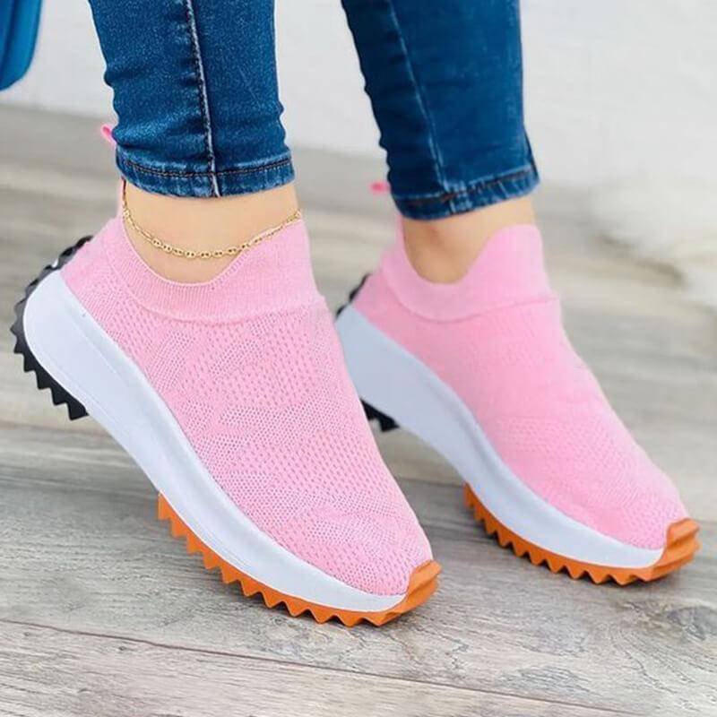 Women's Fashion Casual Athletic Flyknit Fabric Slip On Platform Heel Sneakers