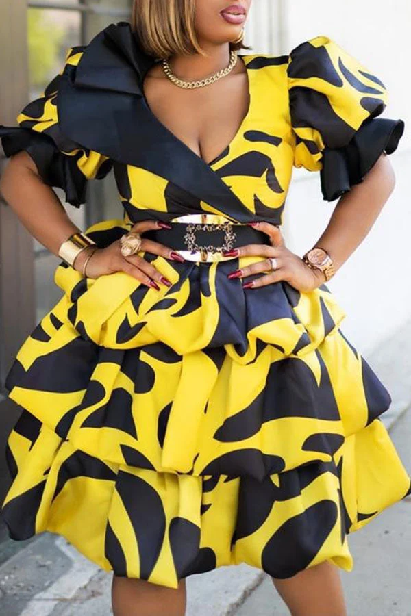 Abstract Print Deep V Neck Ruffle Girly Layered Mini Dress