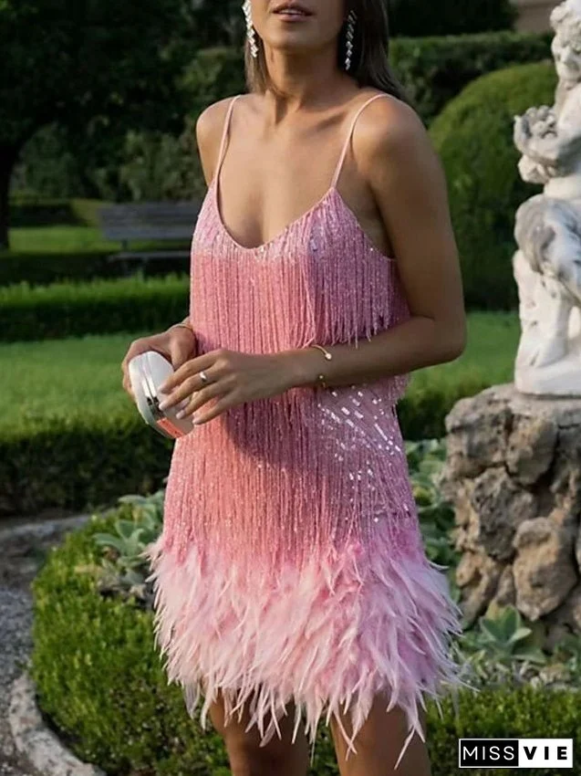 Party Dress Fringe Dress Sequin Dress Mini Dress White Pink Blue Sleeveless Pure Color Sequins Winter Fall Summer Spaghetti Strap Party Party Weekend S M L XL XXL for Women