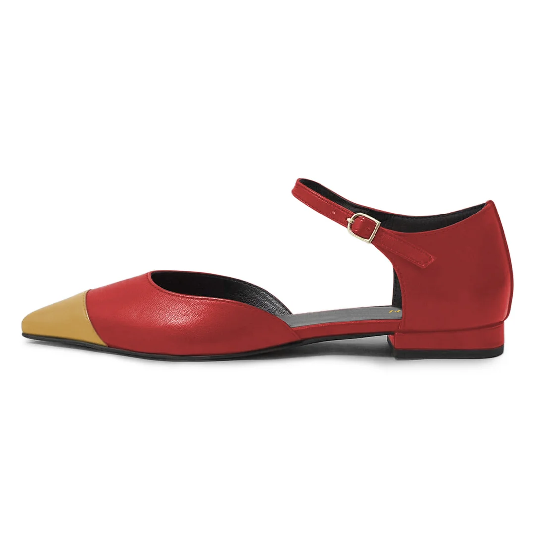 Red Vegan Leather Yellow Pointed Toe Buckle Strap Flat Pumps