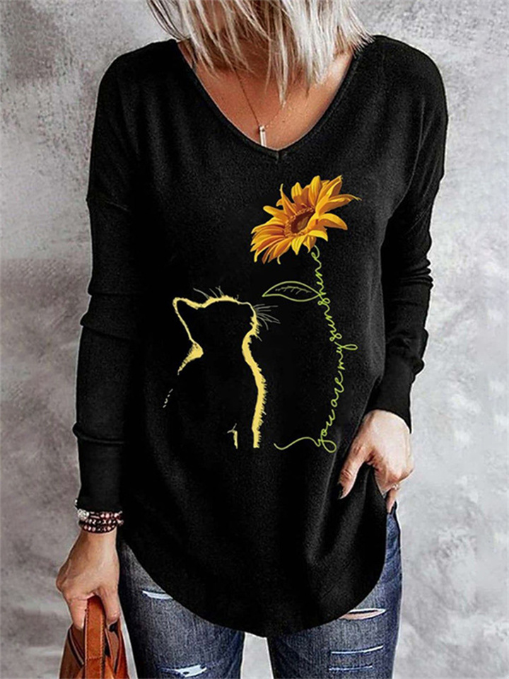 Black Long Sleeve V-neck Sunflower Cat Print Women's S M L XL 2LX 3XL