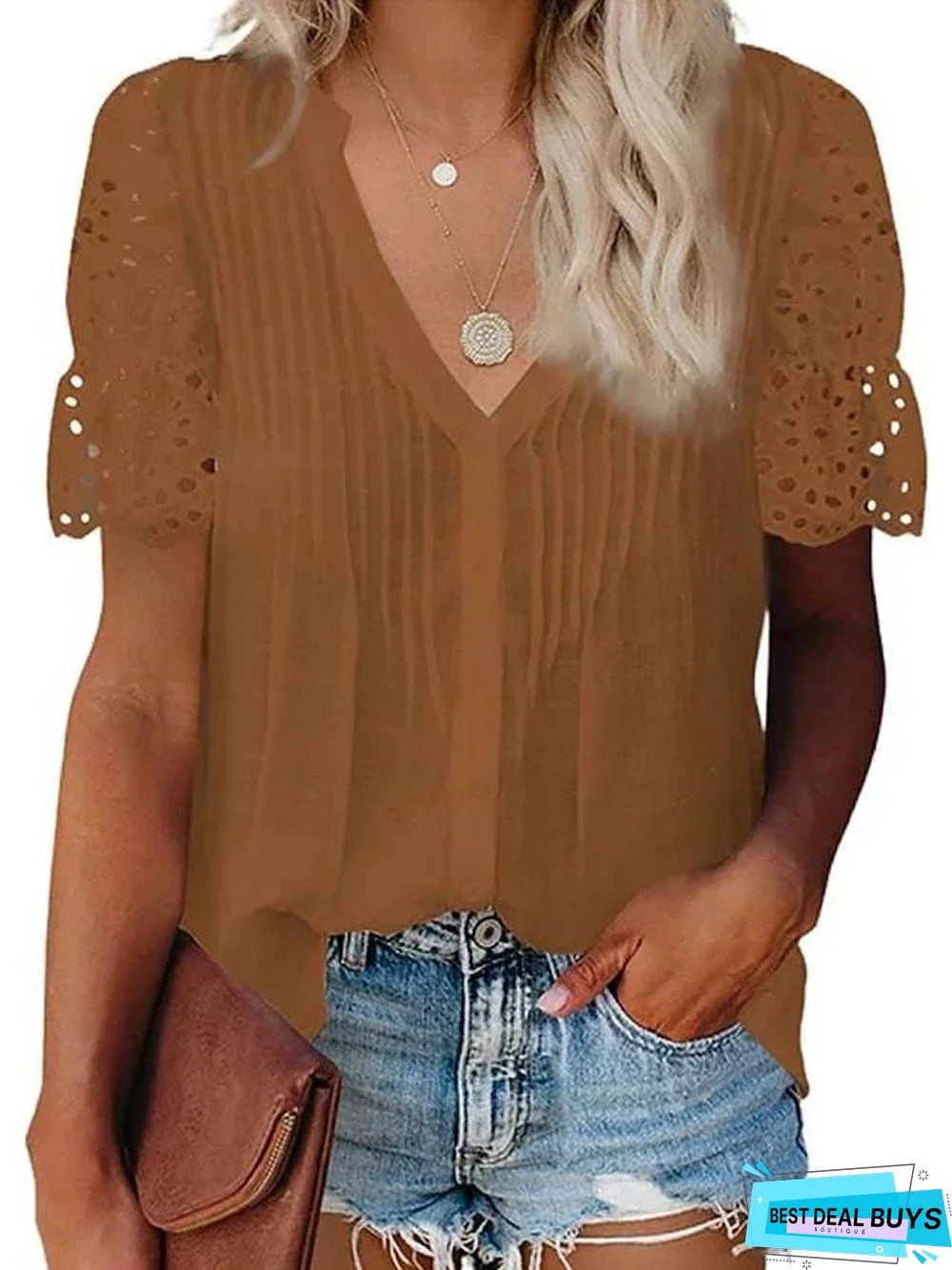 Women's Going Out Blouse Plain Lace Patchwork V Neck Tops Elegant Casual Basic Top White Black Blue