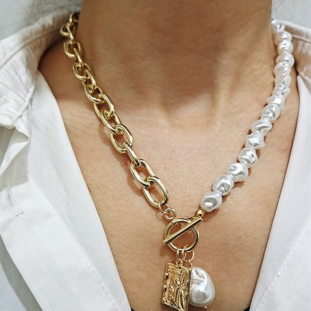 YOY-Vintage Baroque Irregular Pearl Lock Chains Necklace