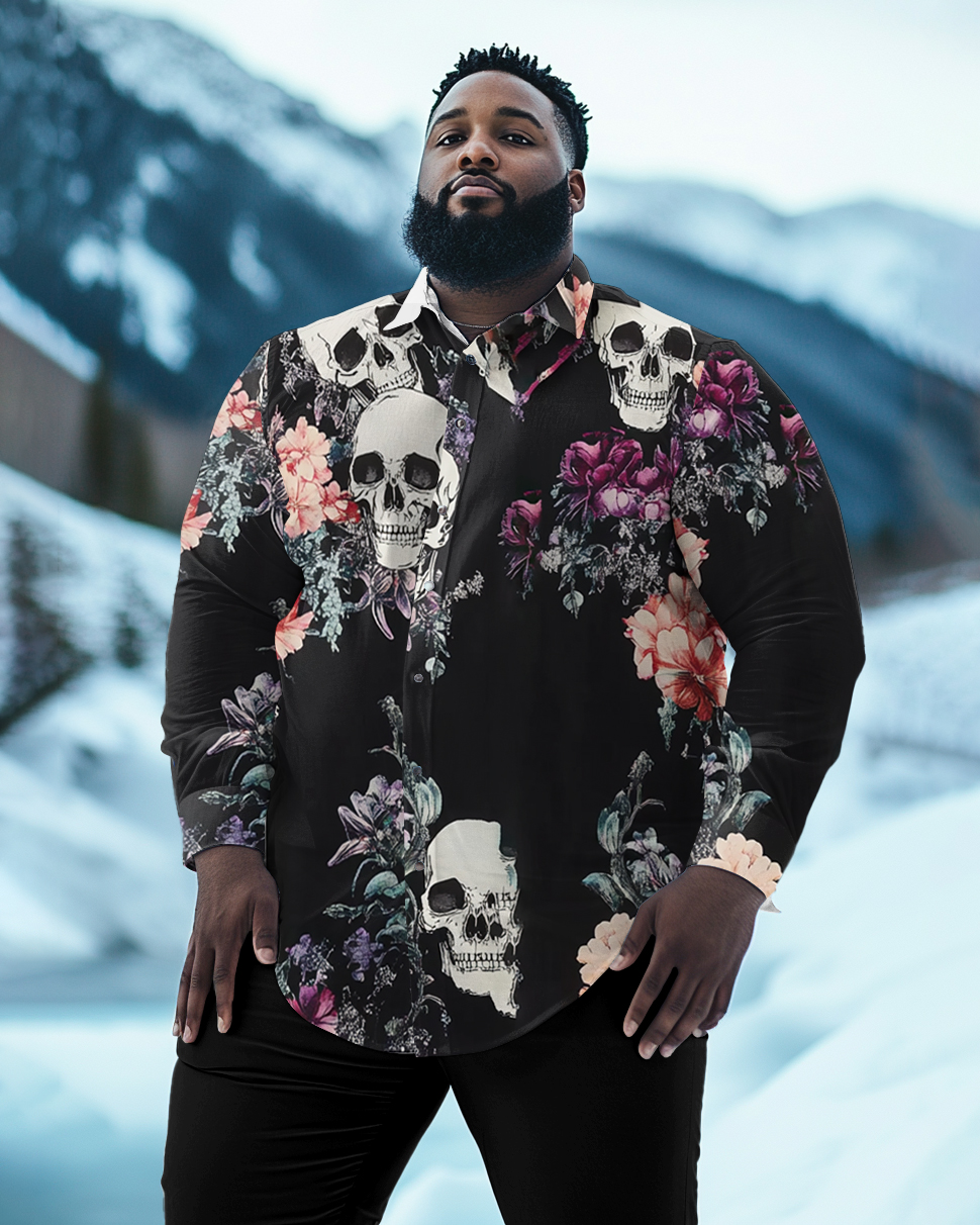 Flower Skull Long Sleeve Lar Shirt Men's Plus Size