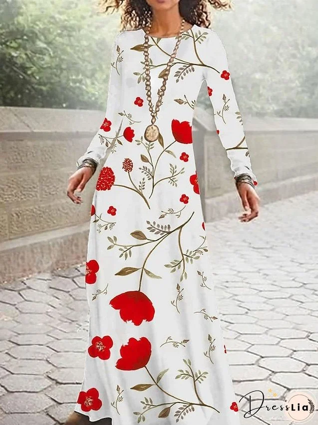 Casual Dress Shift Dress Long Dress Maxi Dress Black White Pink Long Sleeve Flower Print Winter Fall Spring Crew Neck Fashion Daily S M L XL XXL 3XL 4XL 5XL for Women