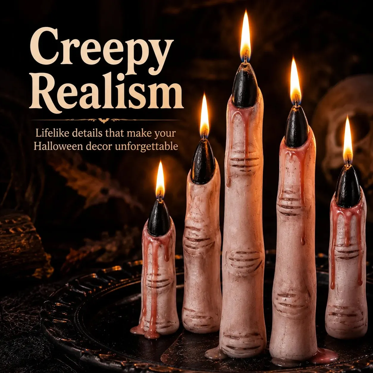 Gothic Halloween finger candle display with pumpkin and candle holder