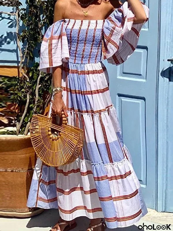 Loose Elasticity Falbala Pleated Off-The-Shoulder Maxi Dresses