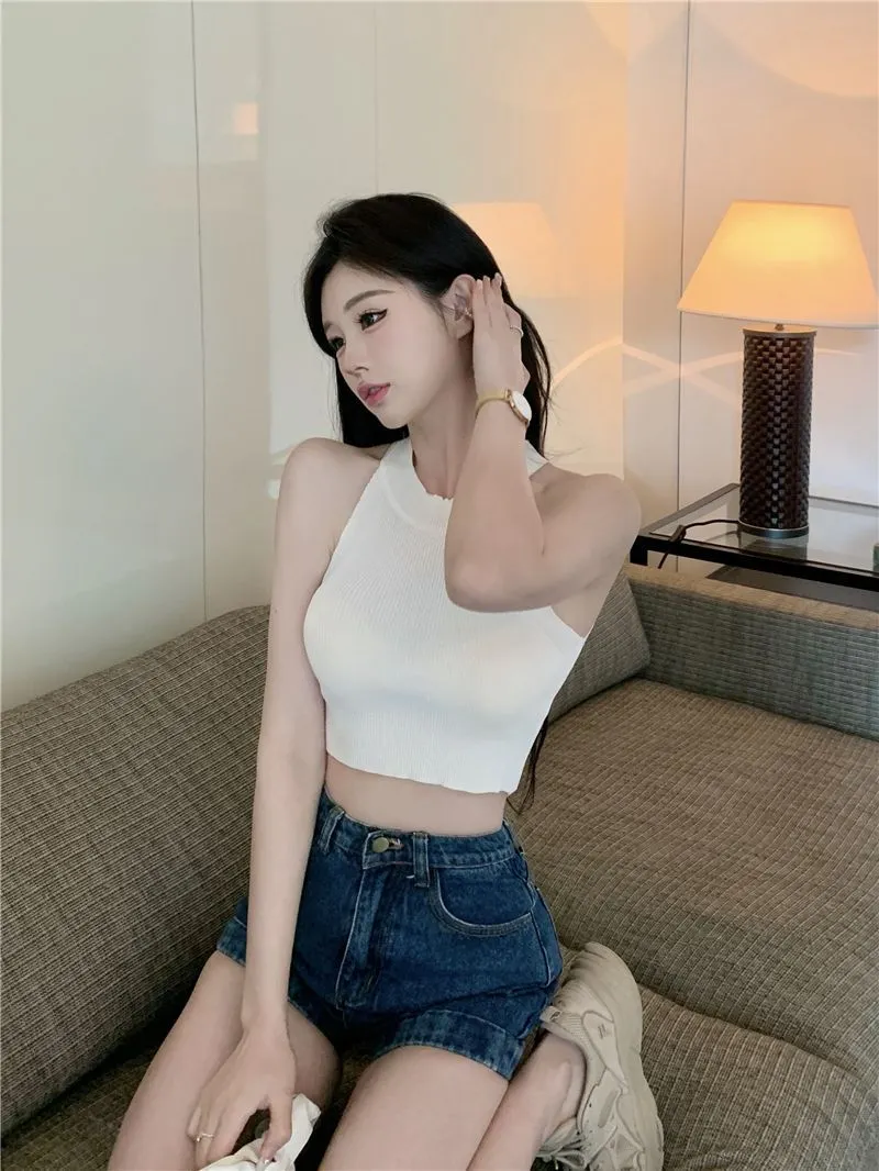 Uveng Uveng Chic New Knitted Neck Vest Slings Sweet Spicy Outer Wear Short Bottom Shirt Thin Top Lady