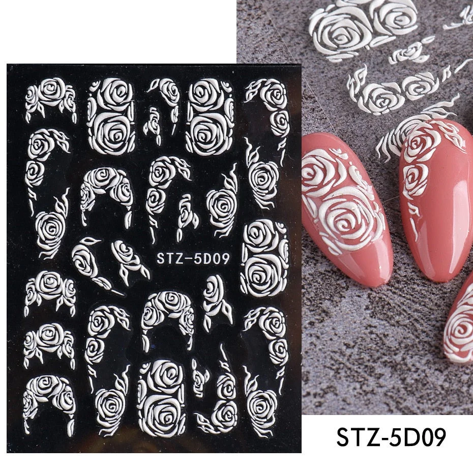 Nail Stickers Embossed 5D Elegant Carved Rose Pattern Designs Back Glue Nail Decals Tips For Beauty Salons