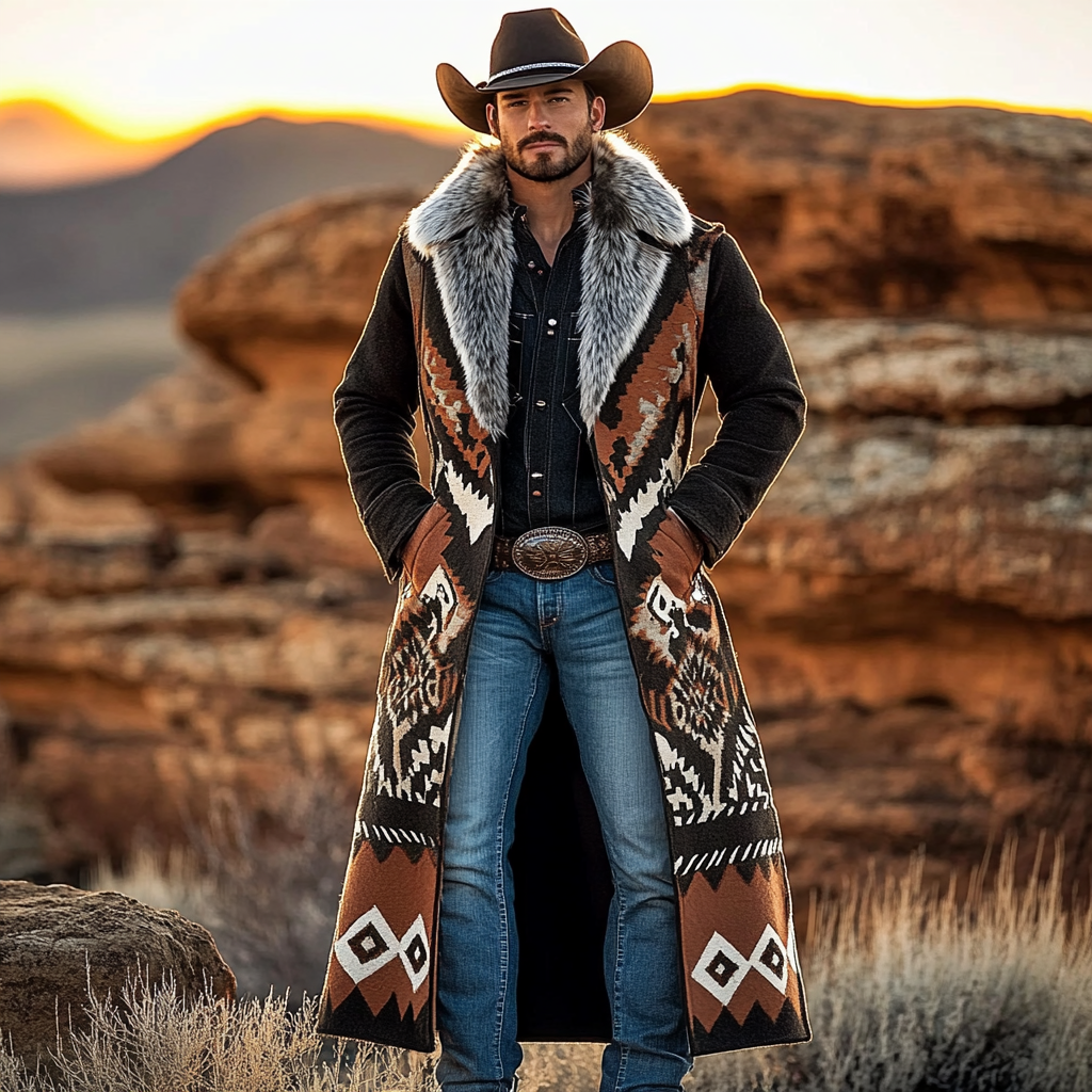 Western Cowboy Retro Aztec Print Ethnic Plush Warm Men's Coat Jacket-inspireuse