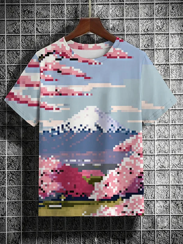 Men's Pixel Fuji Mount Cherry Blossom Art Print Casual Short Sleeve T-Shirt