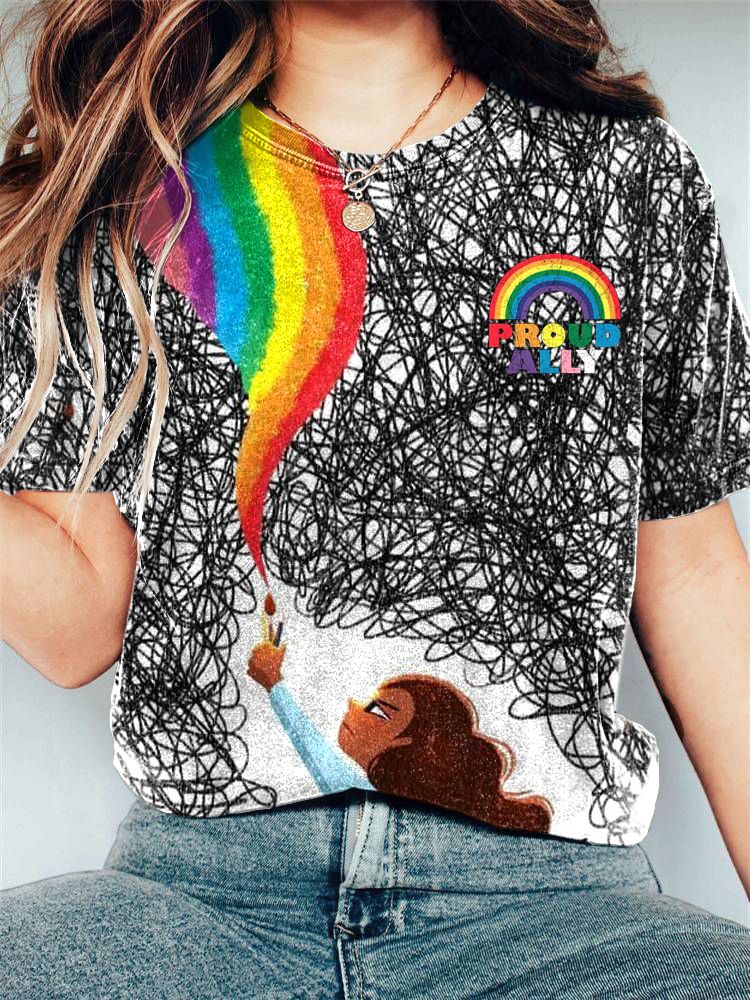 Comstylish Women's Proud Ally Rainbow Pattern Comfort T-Shirt
