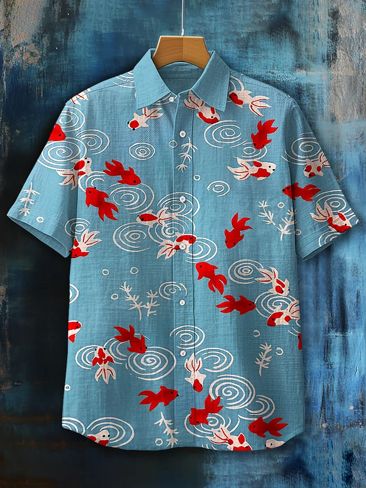 Men's Cartoon Goldfish Print Hawaii Short Sleeve Shirt