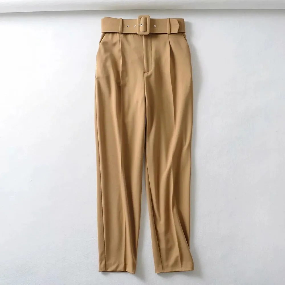 Za Women Pants Blue Harem Pant With Belt Office Ladies Suits Mujer Pockets Straight Trousers High Waist Pink Formal Workwear TRF