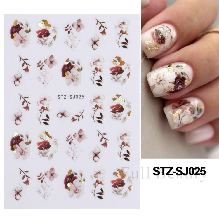 Bayoumowers Pink Marble 3D Nail Stickers Ink Blooming Geometry Lines Adhesive Sliders Watercolor Flower Leaves Nail Art Decals LASTZ-SJ031