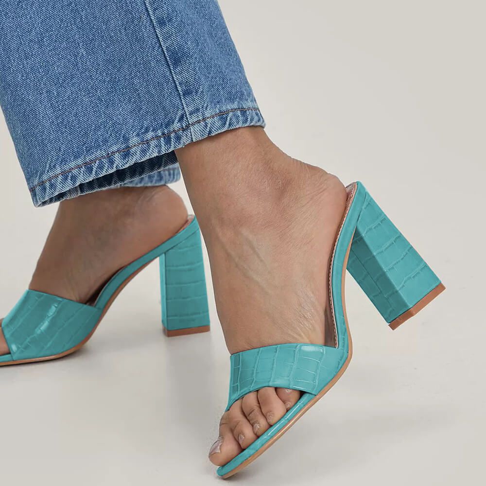 Women's Turquoise Croco Embossed Slide Sandals with Chunky Heel Nicepairs