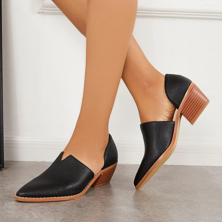 Pointed Toe Slip on Block Heel Loafers Side Cutout Ankle Boots