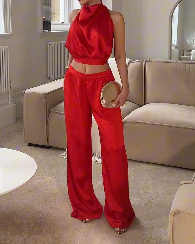 Halter Neck Top and Pants Satin Two Piece Suit