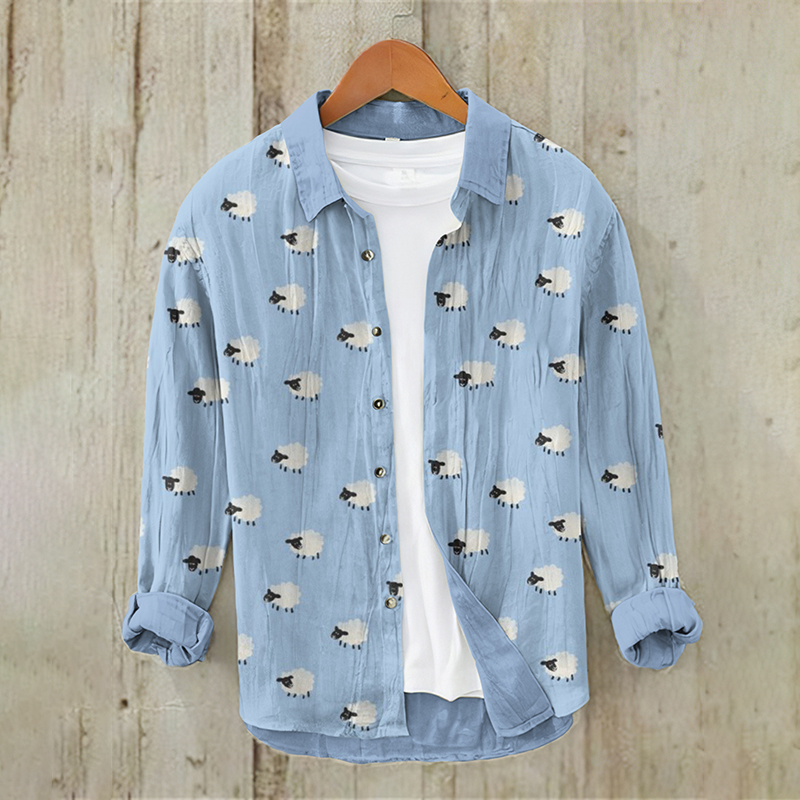 Comstylish Men's Farm Sheep Painting Art Cotton Linen Shirt