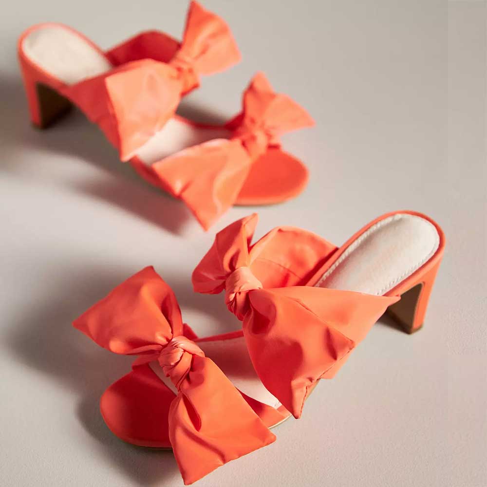 Orange Textile Square Toe Chunky Heel Bow Strappy Mules Nicepairs