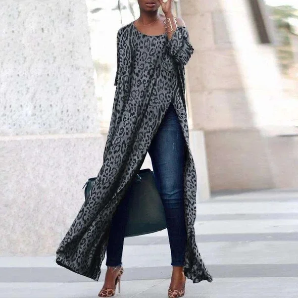 Three-Quarter Sleeves With Slits On Both Sides Loose And Casual Leopard Print Dress