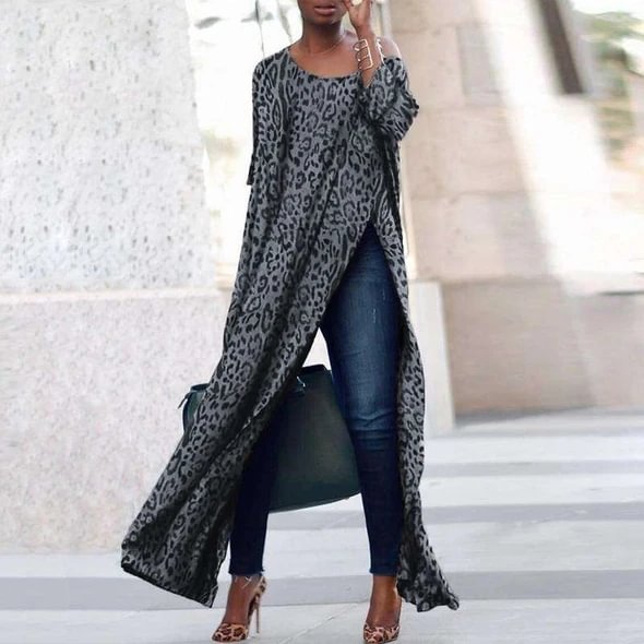 Three-Quarter Sleeves With Slits On Both Sides Loose And Casual Leopard Oversize Print Dress Slit Dress For Women MusePointer