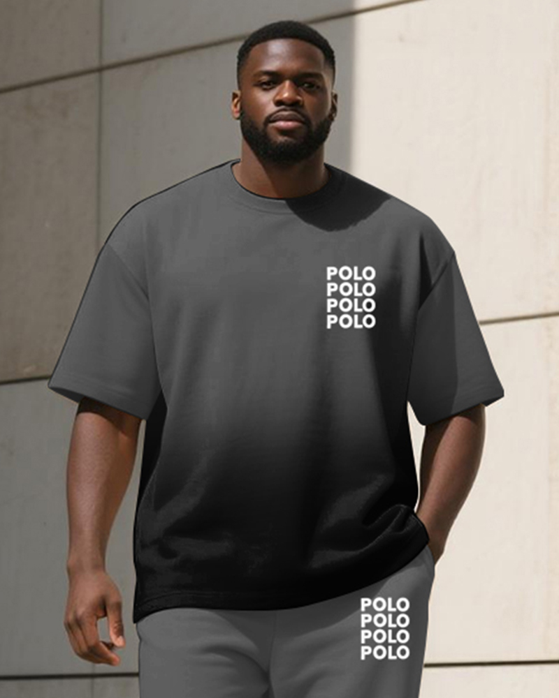 Men's Plus Size Gray Black Gradient Letter Print T-shirt Trousers Suit