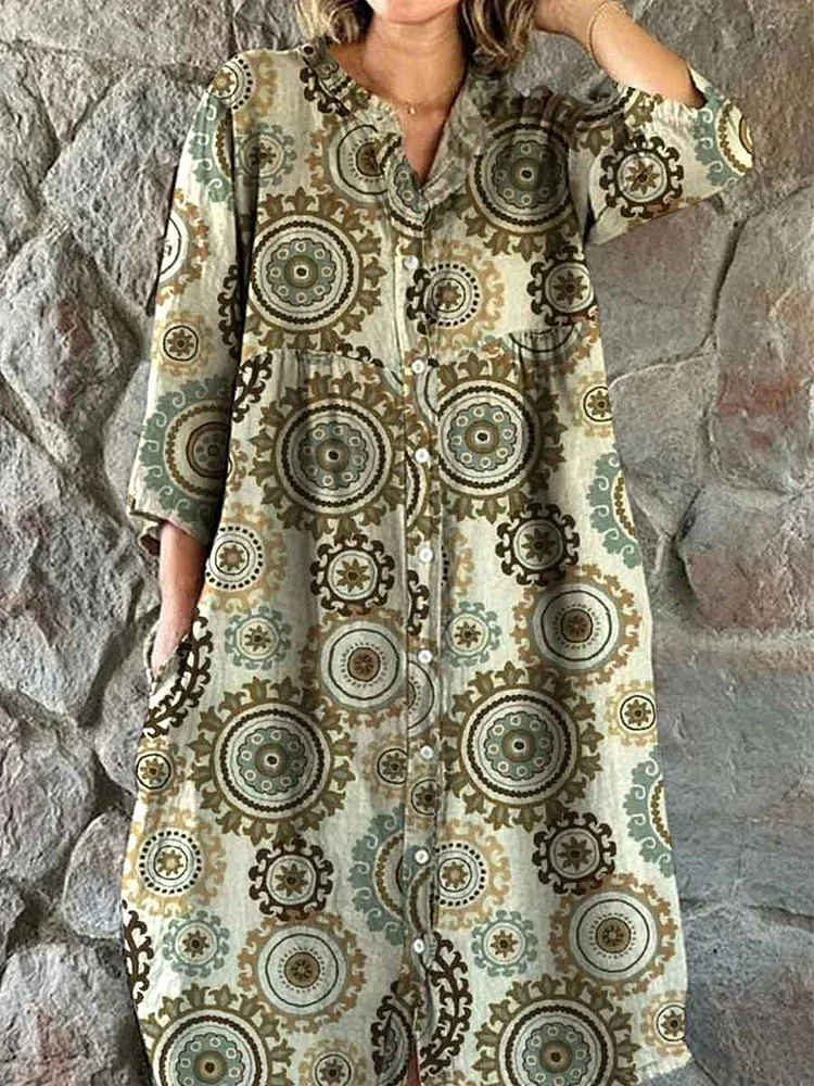 Women's Bohemian Ethnic Geometric Print Cotton And Linen Dress