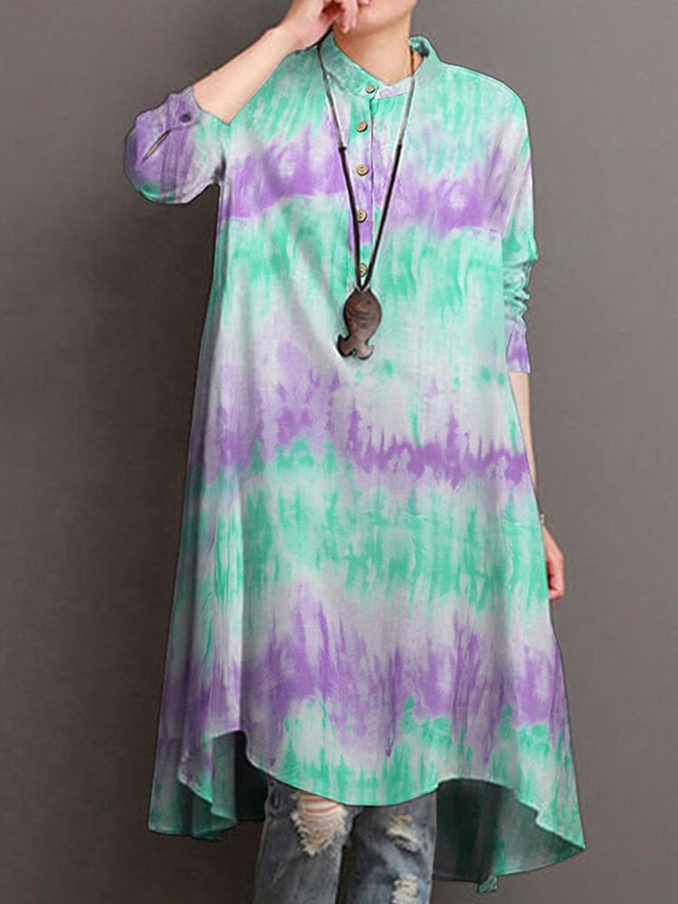 Women Tie dyed Print Long Sleeves Stand Collar Casual Blouse P1735767