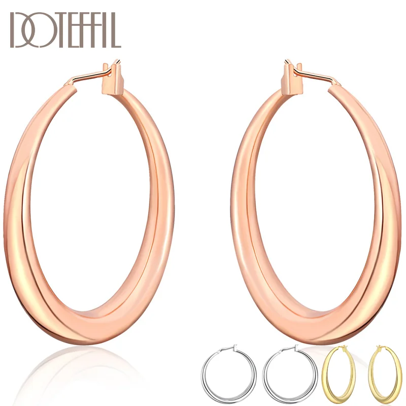 DOTEFFIL 925 Sterling Silver/Rose Gold/Gold Smooth Circle Hoop Earrings For Woman Jewelry