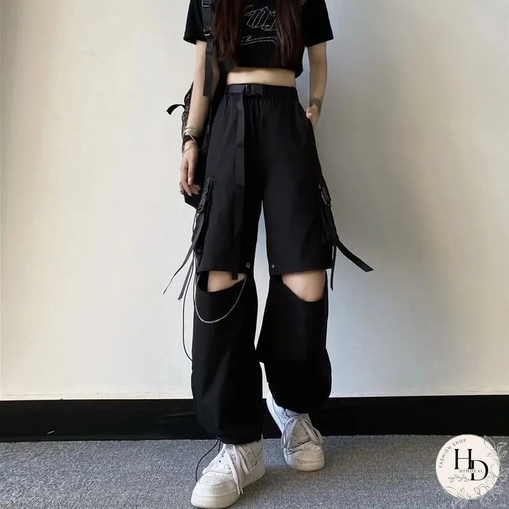 Vintage loose straight pants women high waist hole streetwear cargo pant casual Korean