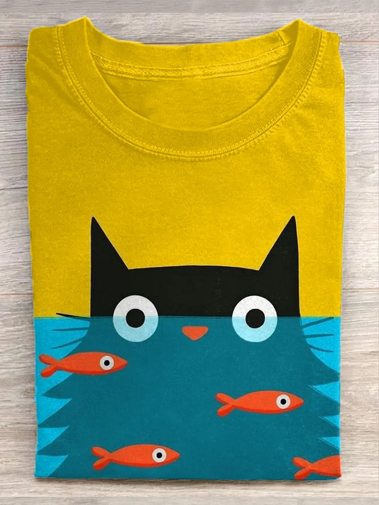 Unisex Funny Cat Illustration Printed Casual Short-Sleeved T-Shirt