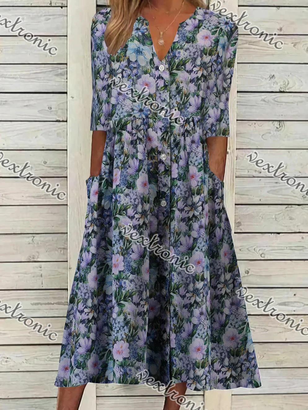 Women's Short Sleeve V-neck Purple Floral Printed Midi Dress
