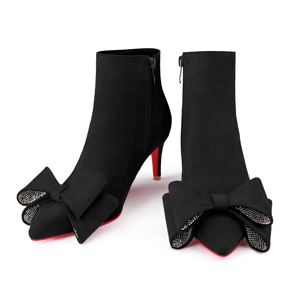 60mm Women's Pointed Toe Bow Rhinestone Ankle Boots Kitten Heel Single Strap Red Bottom Suede Booties-vocosishoes