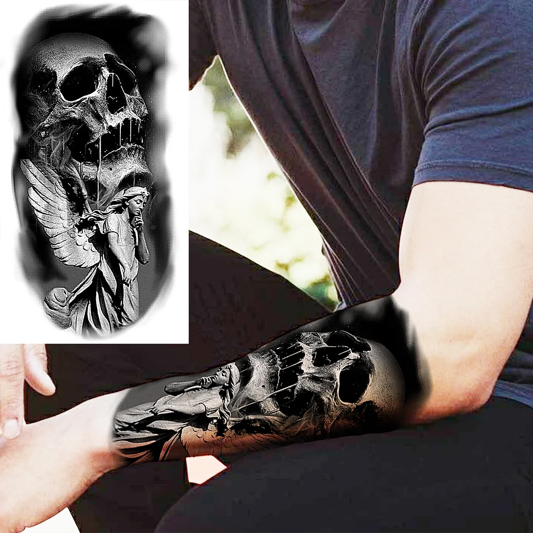 Sdrawing Skull Halloween Skeleton Temporary Tattoo For Men Adults Realistic Lion Tiger Wolf Scary Fake Tattoo Sticker Forearm Tatoo