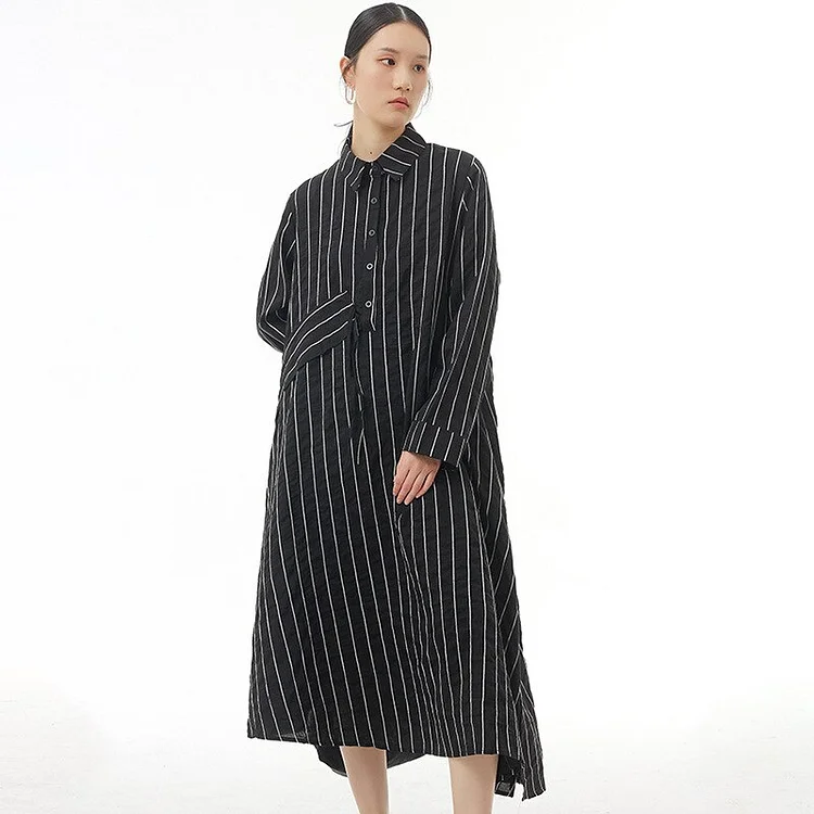 Fashion Loose Lapel Striped Splicing Asymmetrical Drawstring Patch Decor Long Sleeve Dress 