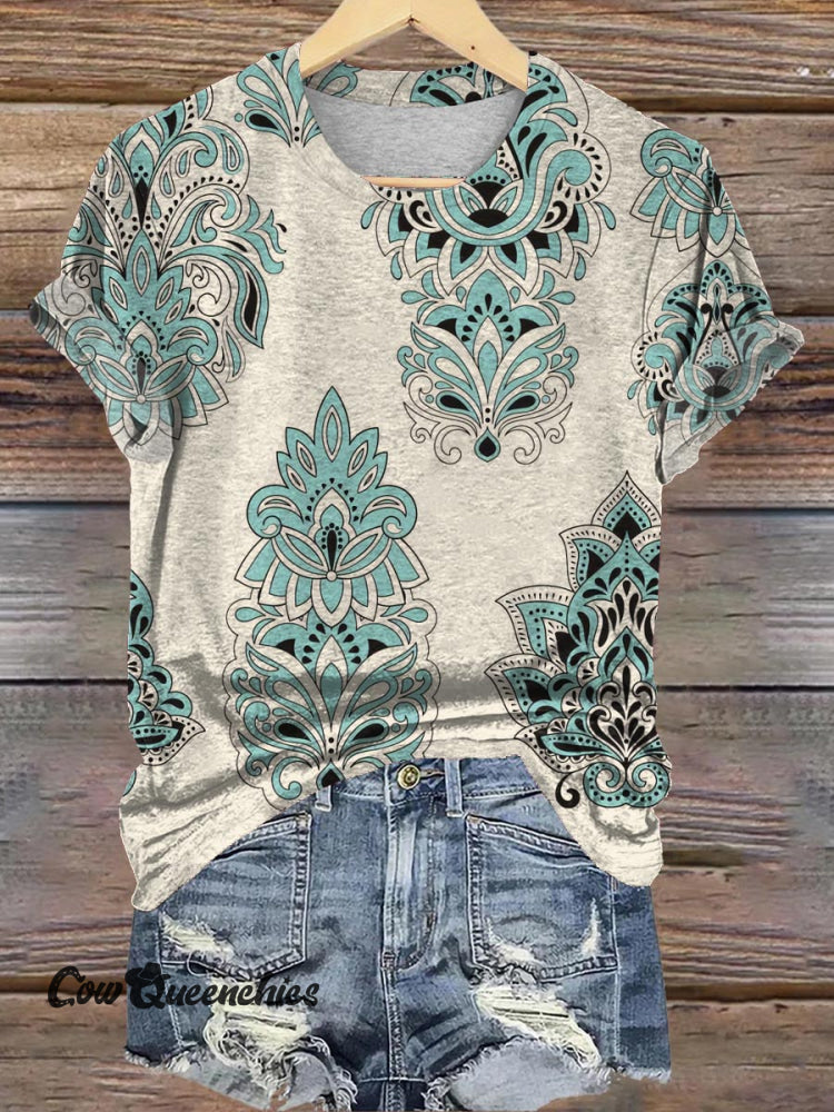 Simple Beige Ethnic Graphic Print T-Shirt Beige / S