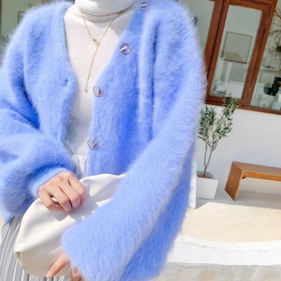 Women's Winter V-neck Long Sleeve Cardigan Knitted Sweater Sweet and Gentle Fashion Korean Furry Fluffy Sweater Puff Sleeve