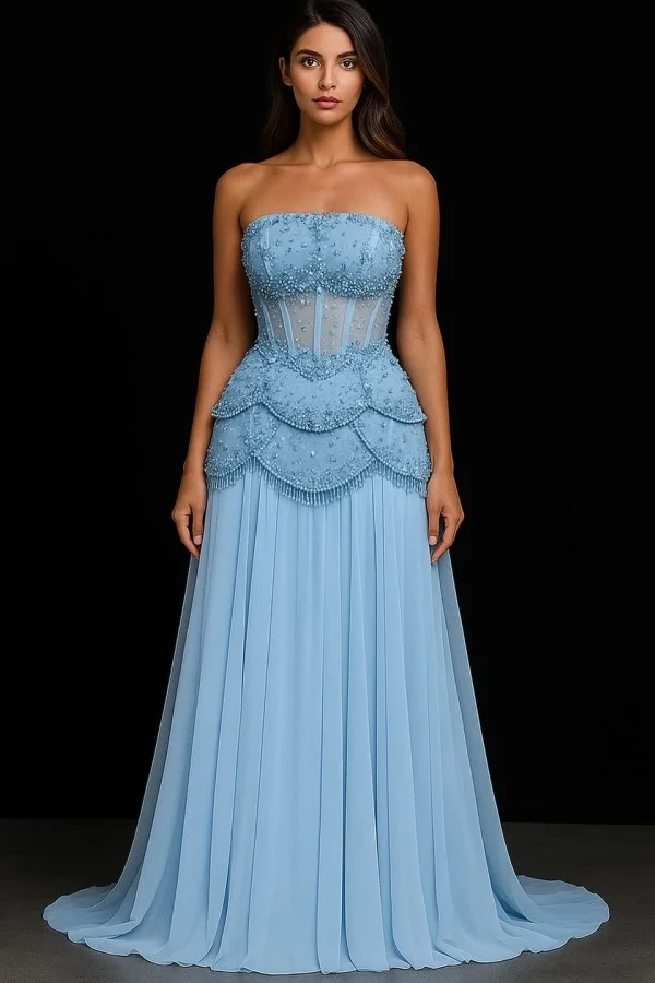 Miabel Charming Blue Beaded Sleeveless Strapless Prom Dress with Pleated  
