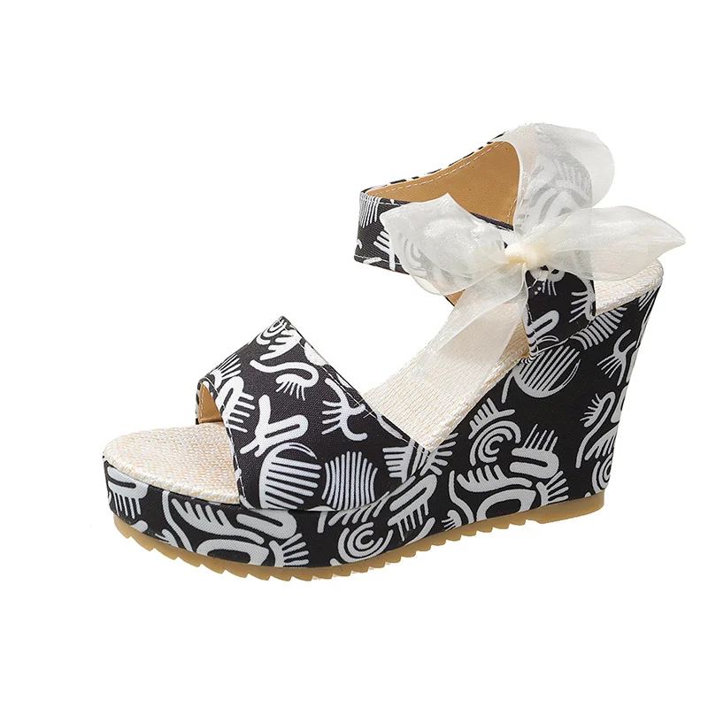Zingj 2025 New Sandal Women Korean Version Plus Size Fashion Bow Slope Heel Fishmouth High Heel Roman Sandal Woman