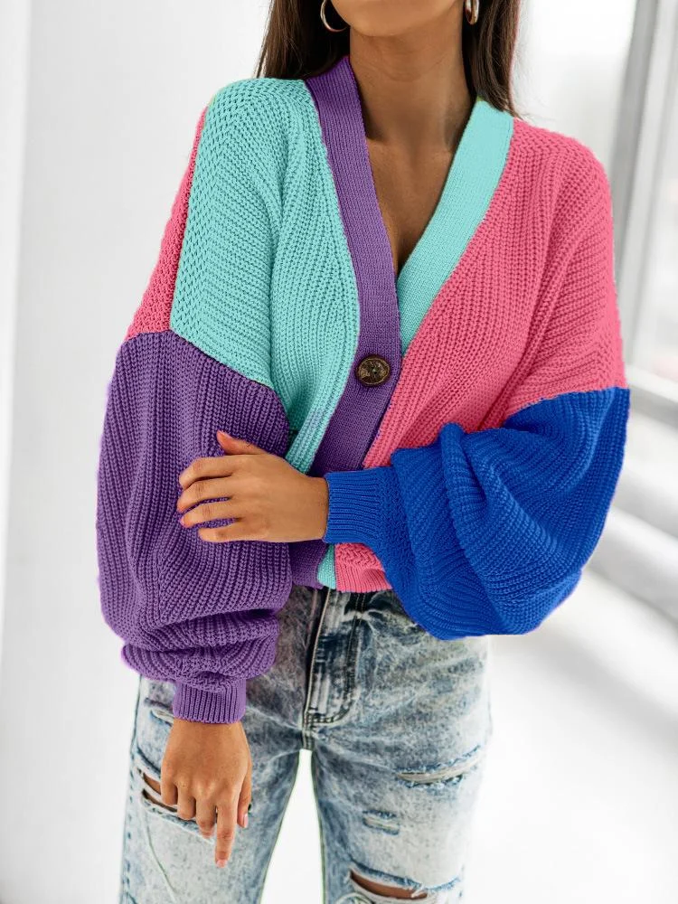 Women's Casual Patchwork Colour Bright Woolen Knitted Long-Sleeve Cardigan Top