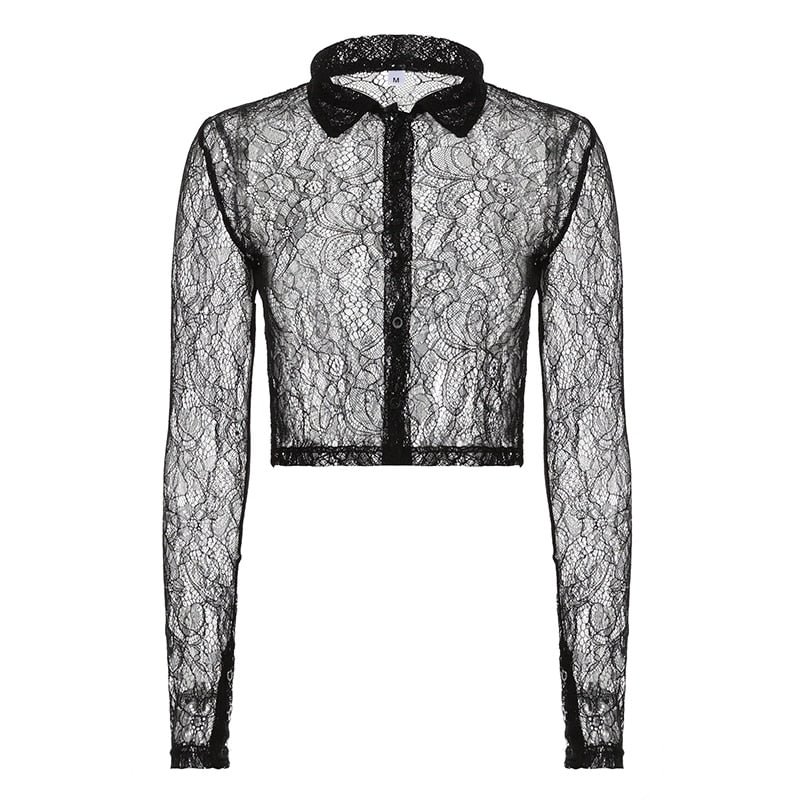 Rapcopter y2k Lace Crop Top Single-Breasted T Shirt Black Turn Down Collar Retro Sexy Cardigans Women Autumn Full Sleeve Tee New