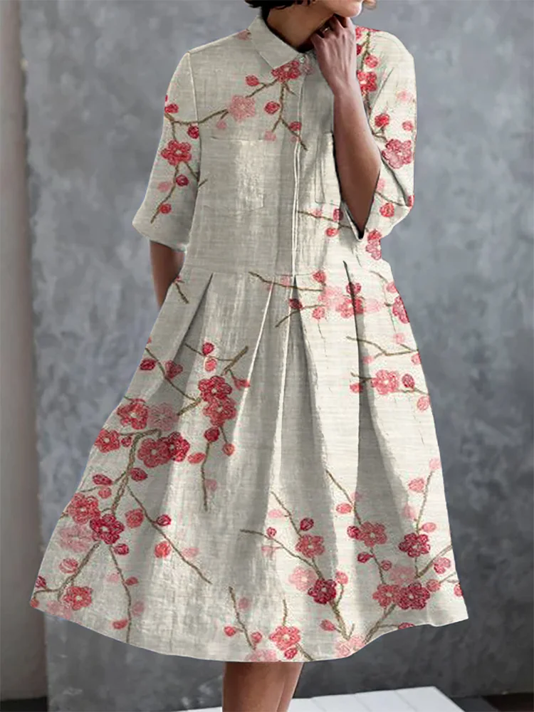 Japanese Plum Blossom Print Casual Elegant Pocket Half Sleeve Dress