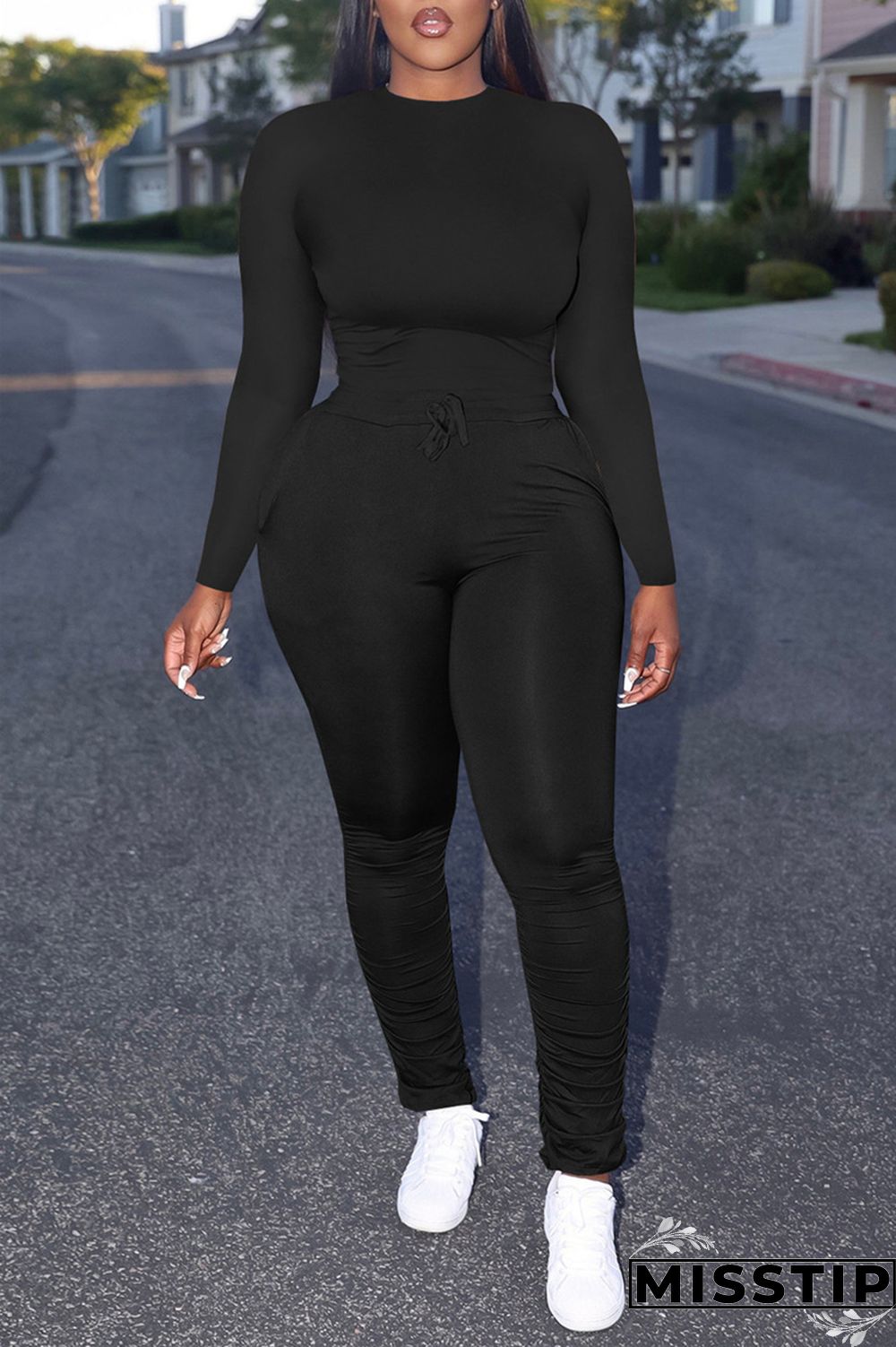 Pink Casual Solid Basic O Neck Long Sleeve Two Pieces